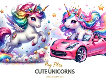 Cute Unicorn Clipart, Commercial Use, Unicorn Png, Magic Unicorn Clipart, Baby Unicorn, Watercolor Cute Kawaii Unicorn Clipart Bundle Images