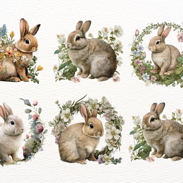 Bunny Floral Bunnies Clipart, 10 High Quality PNG, Nursery Art, Little bunny, Watercolor, Bunny art print, kids wall art, baby animal prints