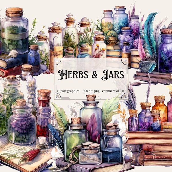 Herbs Clipart - Books Clipart - Healing - Jars Clipart - Plants Clipart - Alchemy - Scent - Apothecary - Spells - PNG - Watercolor