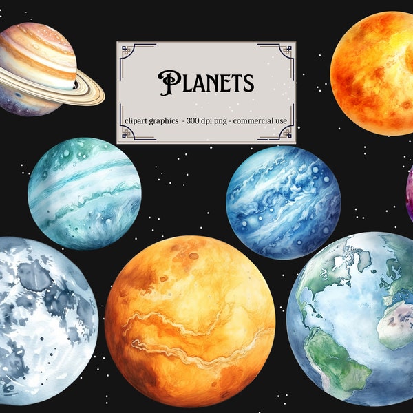 Aquarell Planeten Clipart, Sonnensystem Digitaler Download, Weltraum, Galaxy, kommerzielle PNG-Dateien, Planeten Grafiken, Mond, Sonne, Jupiter, Saturn