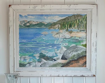 サンドハーバー、インクラインビレッジ、ネバダ州 - タホ湖の水彩画、キャビンの装飾、ファインアートプリント、ホームウォールアート、カラフルな風景画