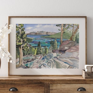 Eagle Falls, Lake Tahoe, California - California Watercolor Print, Lake Tahoe, Mountain painting, Cabin Decor, Watercolor Landscape Painting