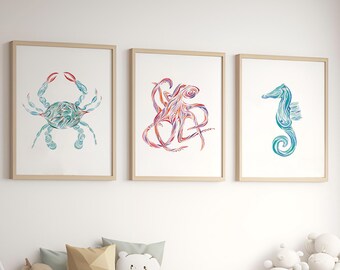 Conjunto de impresiones de acuarela de vida marina ⎜ Decoración de pared inspirada en animales del océano para sala de estar costera o guardería