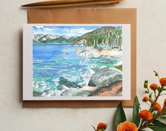 Cartes de voeux Sand Harbor, Lake Tahoe, Californie - Aquarelles côtières, cartes pour correspondance, aquarelle, paysages, estampes, Californie