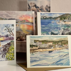 Gevarieerd pakket wenskaarten: kustaquarellen, strandkaartjes, aquarel, landschapskaarten, uitzicht op de kust, uitzicht op de oceaan, golven