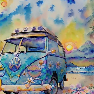 Aloha Camper: A Colorful Airbrush Art of a Camper Van on a Tropical Beach