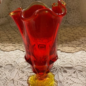 Vintage Amberina Fenton Red and Yellow Ruffled Vase