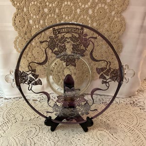 25TH ANNIVERSARY PLATE - Glass with Silver Wedding Bell Design - Mid Century Classic