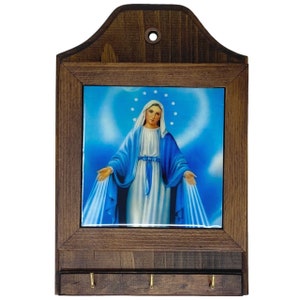 Elegante 10 x 6.5 Inch Portallaves de Madera con Diseño de la Virgen Milagrosa para la Pared-Artesania Rústica| Rustic Wooden Key Holder New