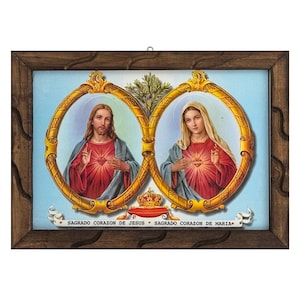 Sagrado Corazon de Jesus y Maria Cuadro Rustico 18x13 Inch| Sacred Heart of Jesus & Immaculate Heart of Mary Rustic Wood Frame