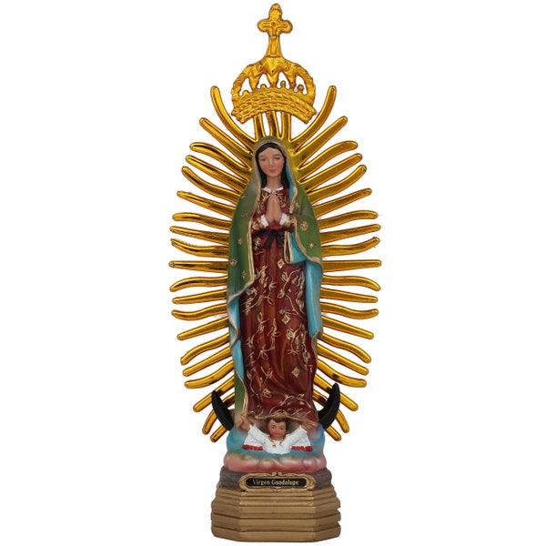 8 Inch Intricately Detailed Resin Figurine of Virgen De Guadalupe Hard Plastic Sun rays Our lady Of Guadalupe Green Robe