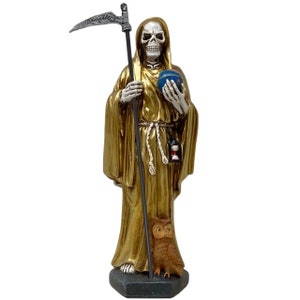 11 Inch Intricately Detailed Resin Figurine of Holy Death Resin Grim Reaper Gold Color Tunic