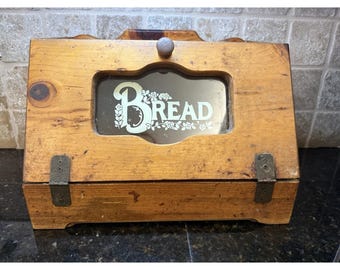 VTG Wooden Bread Box Stencil Design Glass Farmhouse Decor Cottage Core Granny