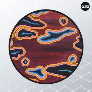 May include: Abstract painting of a circular shape with a dark red background and colorful, layered, organic shapes in shades of pink, blue, yellow, and black.