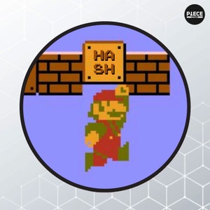 May include: A pixelated image of a video game character, Mario, jumping up to reach a brick block with the word "HASH" written on it. The background is a blue sky with a brick wall.