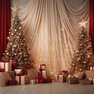 May include: Two gold Christmas trees with gold ornaments and lights stand in front of a cream-colored curtain backdrop. The trees are decorated with gold stars and surrounded by wrapped gold and red presents.