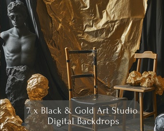 7 x Black & Gold Sculptor's Dreams Digital Backdrop, Gold Backdrop, Black Backdrop,  Portrait Background, PS Overlays, Photoshop Overlays