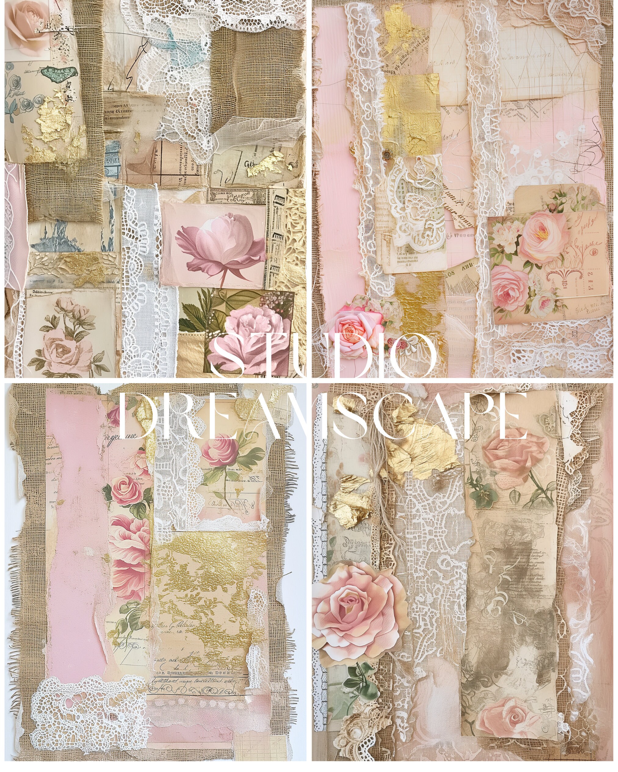 11 Junk Journal Floral Digital Paper, Lace Gold and Pink Digital Paper ...