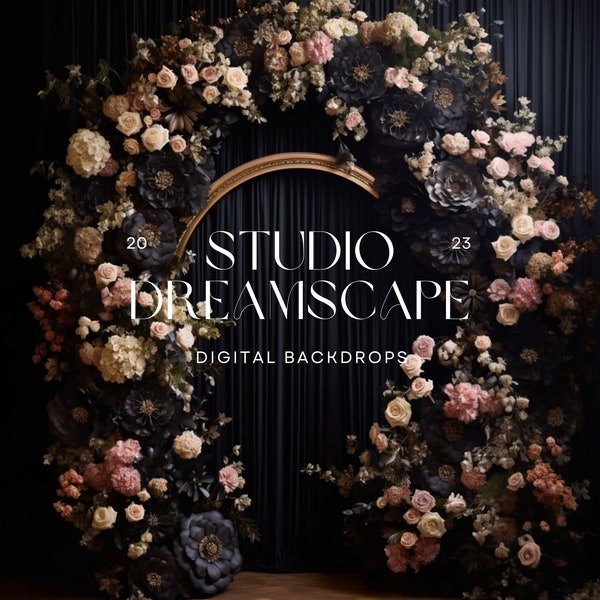 9 x Digital Backdrops, Black Floral Digital Backdrops, Dark Moody Floral Arches, Wedding, Maternity Background Overlays, Photoshop Overlays