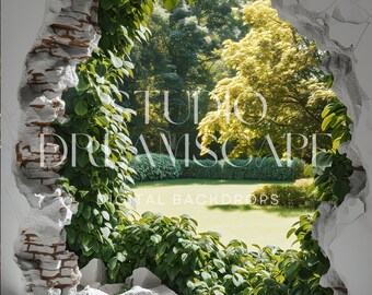 Può includere: Un muro di mattoni rotto con viti verdi che crescono intorno. Il muro è crepato e sta crollando, e c'è un buco nel muro che rivela un lussureggiante giardino verde con alberi e cespugli. Il giardino è illuminato dal sole e il cielo è blu.