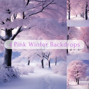 Può includere: Quattro sfondi invernali rosa con alberi innevati e un sentiero attraverso il bosco. Gli sfondi sono perfetti per aggiungere un tocco di magia invernale alle tue foto.