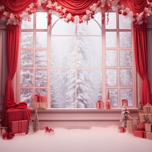 May include: A snowy winter scene with two white Christmas trees decorated with red baubles and fairy lights. The trees are in front of a large window with red curtains and a garland of red baubles. There are wrapped presents under the trees.