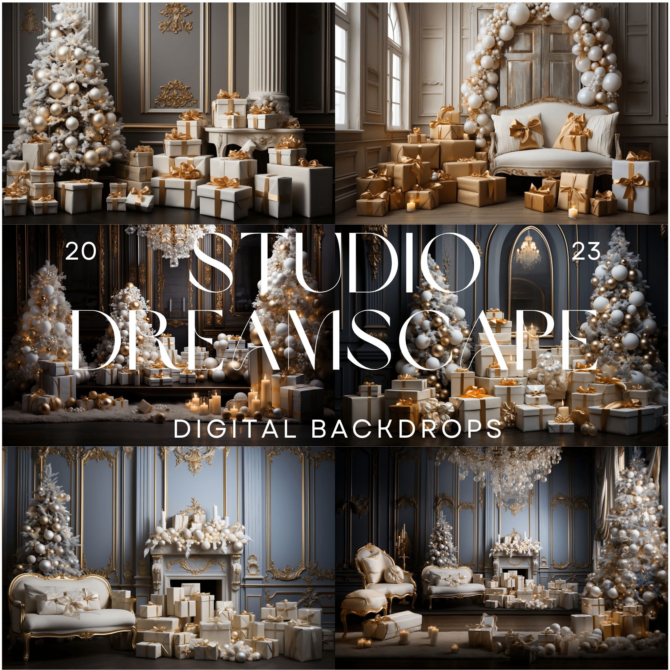7 Christmas Digital Backdrops | ELEGANT Gold White Backdrops ...