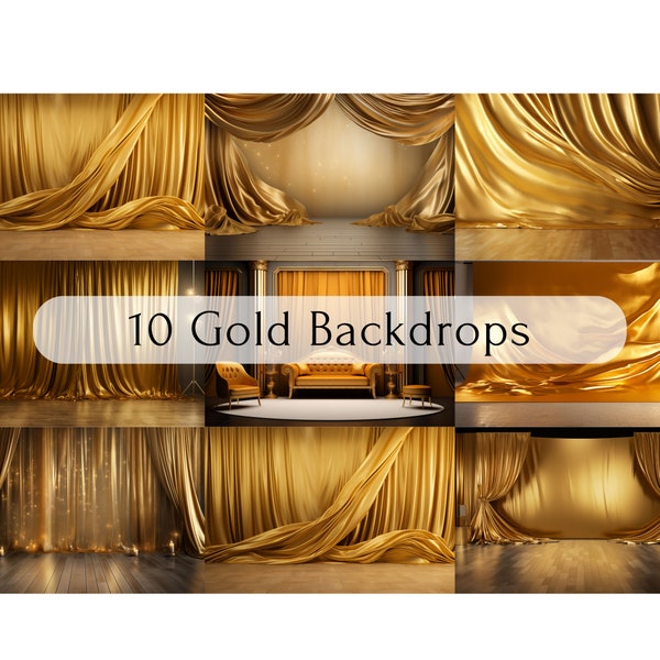 10 Gold Digital Backdrops | Gold Curtain Backdrop | Fashion Digital Backdrop | Digital Background | Backdrop Overlays | Photoshop Overlays