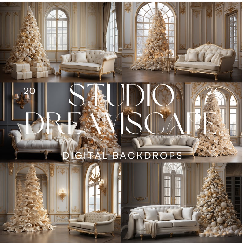 12 Christmas Digital Backdrops | White Gold Christmas Elegant ...