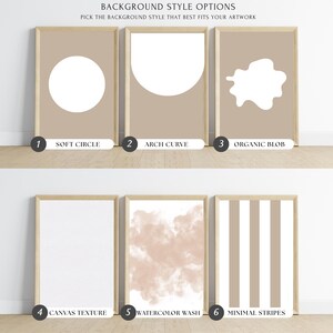 May include: Six framed art prints showcasing background style options. The options include a soft circle, arch curve, organic blob, canvas texture, watercolor wash, and minimal stripes. The text "BACKGROUND STYLE OPTIONS" is at the top.