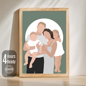 Puede incluir: Una ilustración digital minimalista enmarcada de una familia de cuatro personas, dos adultos y dos niños, sobre un fondo verde salvia con un acento circular blanco. La obra muestra figuras sin rostro e incluye el texto 4 Hours Ready.