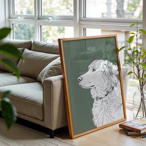May include: A framed art print featuring a detailed black and white illustration of a dog's profile against a muted green background. The dog's name, "Milo," is written in a delicate font. The frame is made of light-colored wood.