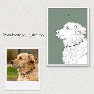 May include: An illustration of a Golden Retriever dog in profile, with the name "Milo" above. The artwork is in a white frame against a muted green background. A photo of the dog is shown below the text "From Photo to Illustration".