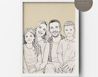 Individuelle Strichzeichnung einer Familie nach Foto | Minimalistisches, modernes Familienporträt
