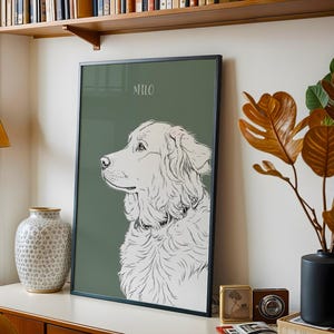 May include: A framed art print featuring a detailed black and white illustration of a dog's profile against a muted green background. The dog's name, "Milo," is printed at the top. The artwork is displayed on a white surface with decorative items.