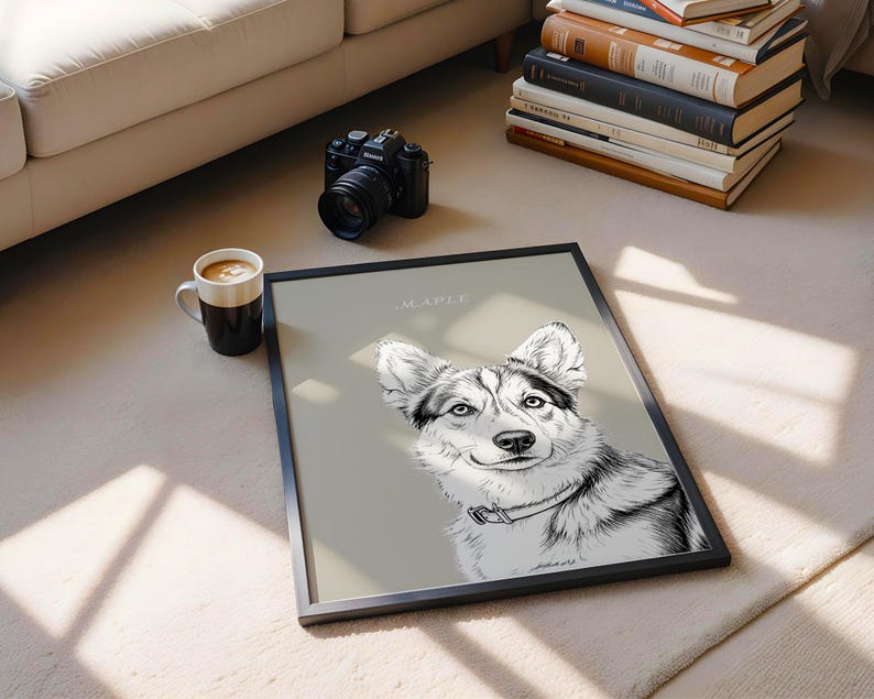 May include: A framed black and white portrait of a dog with the name "Maple" above the image. The dog has a collar and is smiling. A black camera, a coffee mug, and a stack of books are also in the image.