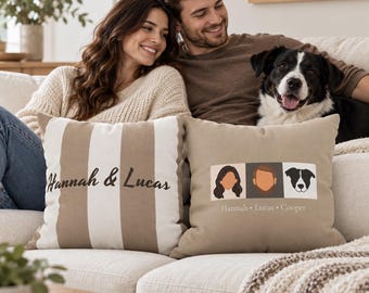 Personalized Couple & Pet Pillow Cover, Custom Family Portrait Cushion