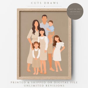 Könnte beinhalten: Eine gerahmte digitale Illustration einer sechsköpfigen Familie mit gesichtslosen Figuren. Die Gruppe besteht aus zwei Erwachsenen, einem Kleinkind und drei Kindern, die alle neutrale Kleidung vor einem hellbraunen Hintergrund tragen.