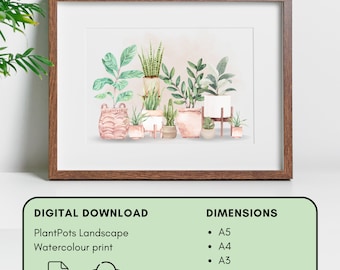 Botanical Plant Print - Watercolour Plants Digital Download - Potted Plants Print - Botanical Wall Art - Plant lover gifts