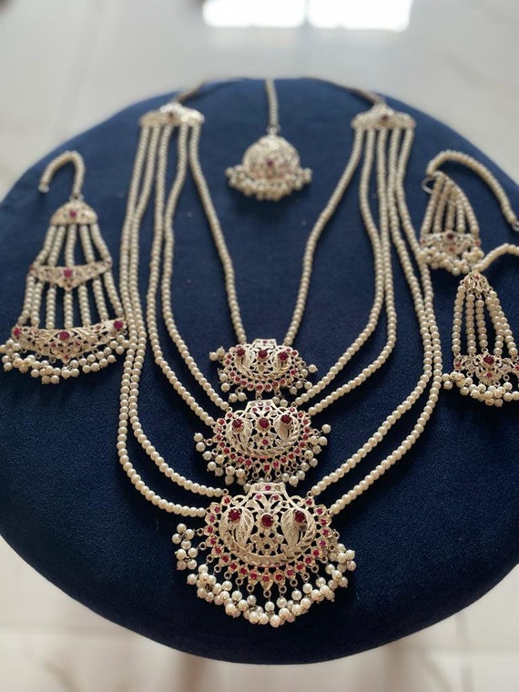 Pure Silver Rani Haar With Gemstones, Teeka, Jhoomar, and Earrings