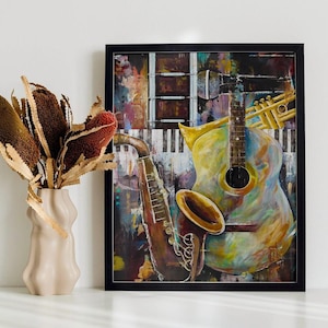 Puede incluir: Una pintura enmarcada de un bodegón abstracto colorido con un saxofón, una guitarra y una trompeta. Los instrumentos están pintados en un estilo vibrante con salpicaduras de amarillo, azul, verde y rojo.