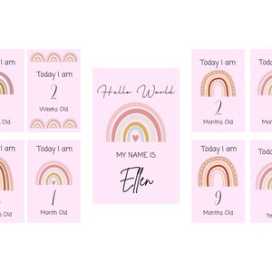 Modèle personnalisé de cartes d'étapes clés pour faire-part de naissance, thème arc-en-ciel rose
