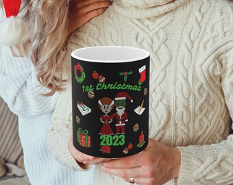 1st Christmas Married Mug with Monster Couple, Creepy Christmas Coffee Mug, Couples Christmas Monster Mug