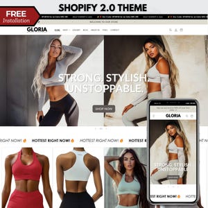 Peut inclure: Page d'accueil d'un site web pour une marque de vêtements appelée Gloria. Le site présente un mannequin portant un soutien-gorge de sport blanc et un legging gris. Le texte sur le site web est "Strong. Stylish. Unstoppable." et "Shop Now".