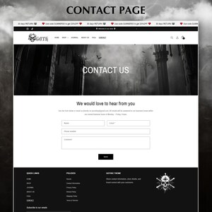 May include: A website contact page with a dark gothic theme. The page features a contact form with fields for name, phone number, email, and a message. The background image is a dark, moody scene with a gothic castle.