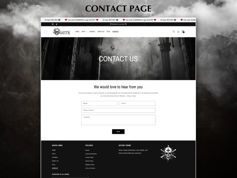 May include: A website contact page with a dark gothic theme. The page features a contact form with fields for name, phone number, email, and a message. The background image is a dark, moody scene with a gothic castle.