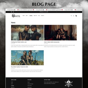 May include: A website homepage for a gothic clothing store called "Goth". The page features a blog section with three articles: "Creating the Perfect Gothic Look", "How to Style Gothic Accessories", and "Top Gothic Fashion Trends for 2020".