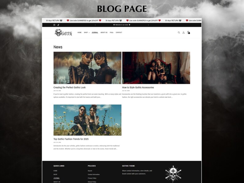 May include: A website homepage for a gothic clothing store called "Goth". The page features a blog section with three articles: "Creating the Perfect Gothic Look", "How to Style Gothic Accessories", and "Top Gothic Fashion Trends for 2020".