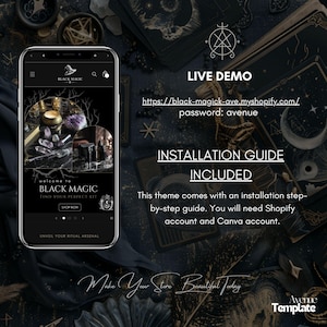 May include: A smartphone displays a website for "Black Magic," showcasing ritual kits. The image includes text for a live demo, installation guide, and a call to "Make Your Store Beautiful Today." The background features tarot cards and mystical elements.