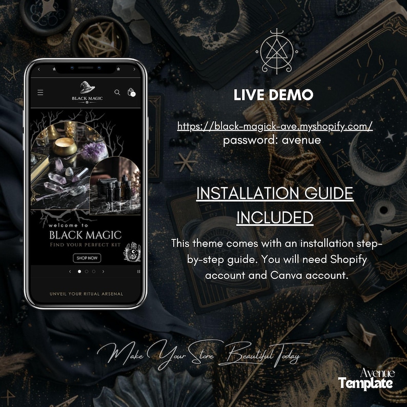 May include: A smartphone displays a website for "Black Magic," showcasing ritual kits. The image includes text for a live demo, installation guide, and a call to "Make Your Store Beautiful Today." The background features tarot cards and mystical elements.